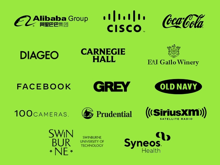 logos of various companies including Alibaba Group, Cisco, Coca-Cola, Diageo, Carnegie Hall, E.&J. Gallo Winery, Facebook, GREY, Old Navy, 100cameras, Prudential, Sirius XM, Swineburne University of Technology, and Syneos Health