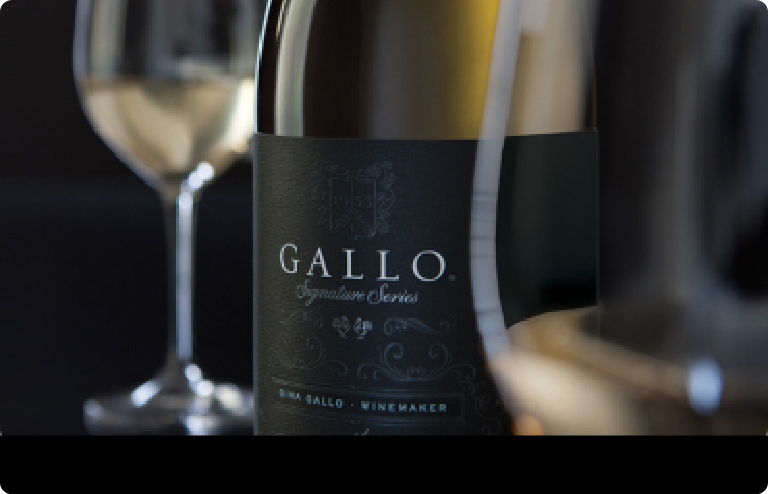 Bottle of white wine with Gallo label and two wine glasses with white wine.