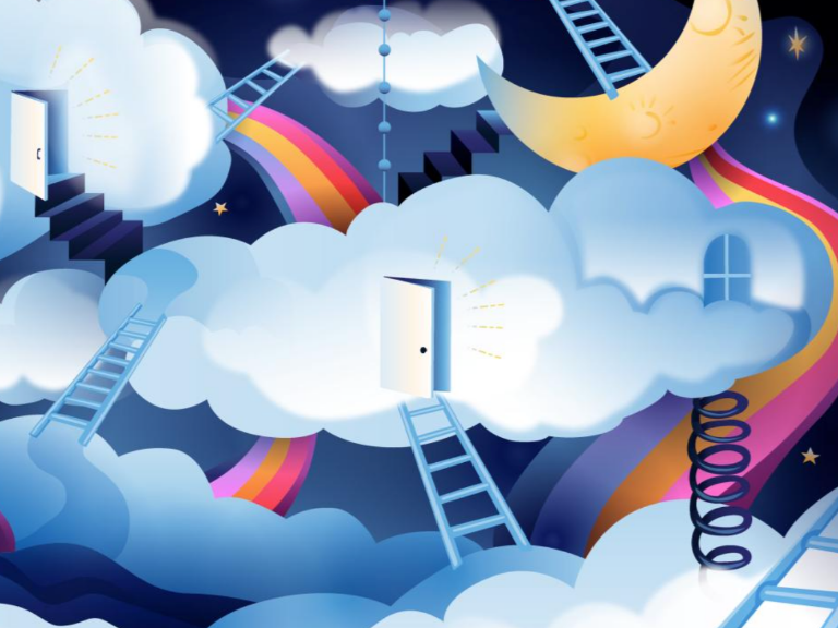 abstract image of clouds, rainbow, open doors, and ladders