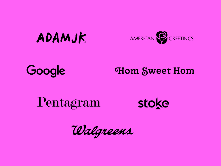 logos of various companies including ADAM JK, American Greetings, Google, Hom Sweet Hom, Pentagram, stoke, and Walgreens