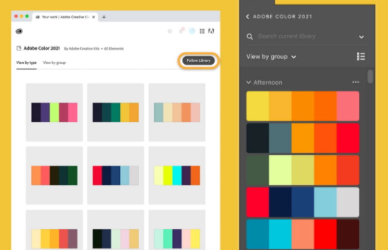 Adobe Color 2021 color palettes in a web page, Follow Library button is highlighted, and the Libraries panel on the right.