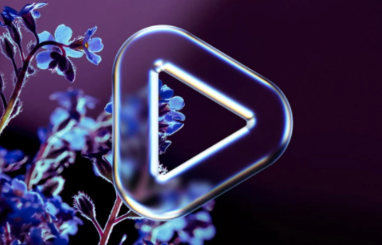 Play button with glass distortion overlaid on dark background with blue flowers.