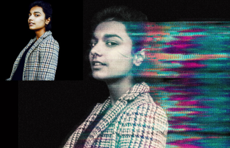 Model stands against black background with a glitch trail off to the right; photo inset shows photo without glitch effect.