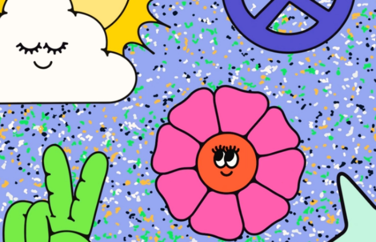 Cartoon drawings of sun and cloud, hand making a peace sign, flower, and star against a sparkly background.