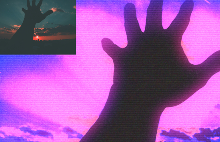 picture-in-picture showing a hand with an effect meant to simulate a VHS video