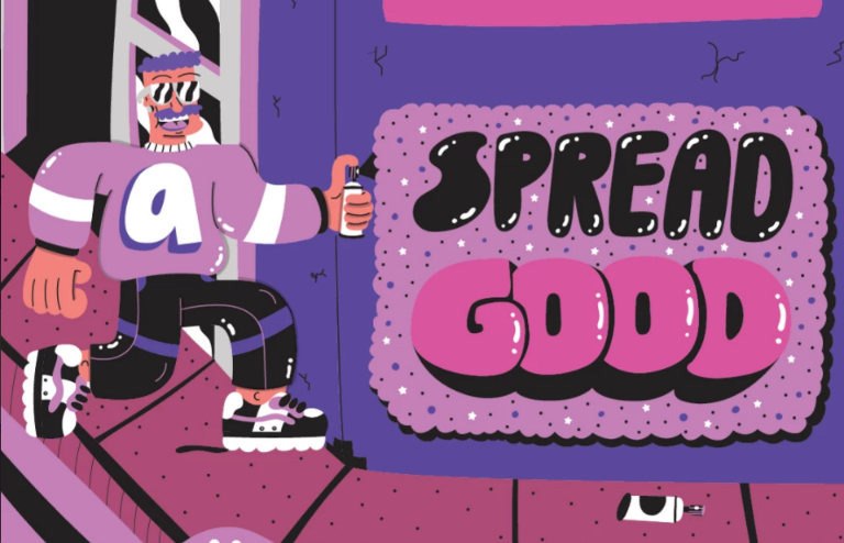 Purple and pink illustration of a smiling man in streetwear spray-painting a wall with the words “SPREAD GOOD.”